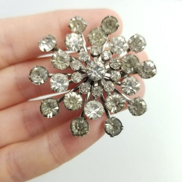 Vintage Coro Silver Tone Rhinestone Starburst Snowflake Brooch Lapel Pin, Signed - Picture 7 of 7
